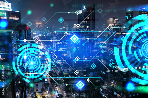 Information flow hologram, night panorama city view of Bangkok. The largest technological center in Asia. The concept of programming science. Double exposure.