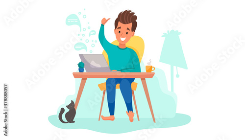 Working from home, online education or remote, distance work. Young man freelancer is working at laptop in his room. People at home in quarantine. Vector flat cartoon illustration  