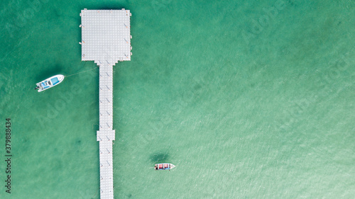 Sea aerial view, The color of the water and beautifully bright. The beach with rocky mountains and clear water of Thailand ocean on a sunny day. Landscape background.