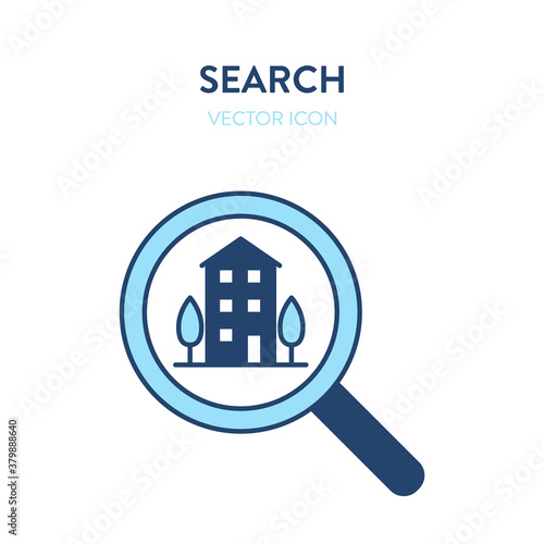 Apartment house search icon. Vector illustration of a magnifier tool with apartment house building exterior inside. Represents concept of searching for a living place