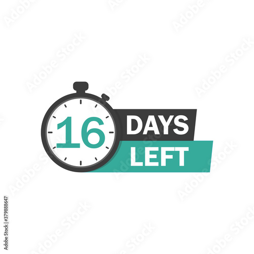 16 Days Left for Sale, countdown tag, start offer, discount banner design template, don't miss out, app icon, vector illustration