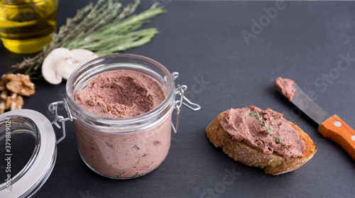 Vegan spread made of nuts, mushrooms and lentils, over home made bread
