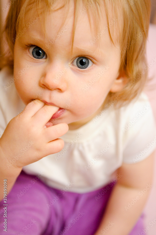 Cute Baby Girl Sucking on Fingers, Teething Cute Baby Girl Sucking on Fingers, Teething