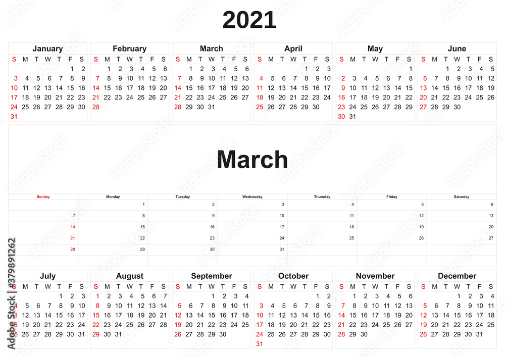 2021 annual calendar with white background.