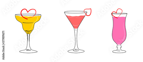 Vector image of silhouettes of three cocktails in glasses of different shapes with a romantic heart