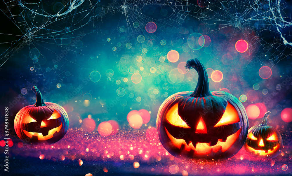 Halloween Abstract Party - Smiling Pumpkins On Defocused Shiny Background
 - obrazy, fototapety, plakaty 