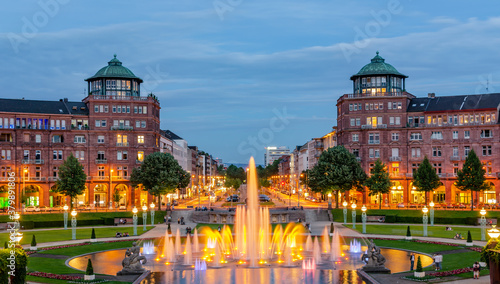 Mannheim, Germany. June 16th 2013. View on Friedrichsplatz with water and light games.