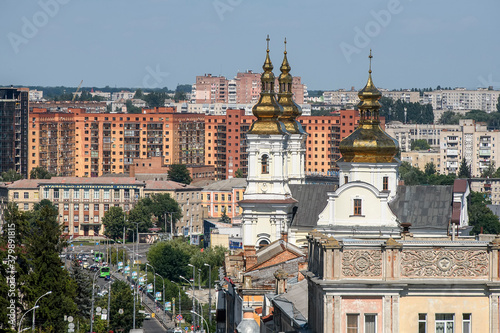 Fényképezés Aerial panoramic view of Soborna Street and Orthodox Holy Transfiguration Cathedral in Vinnytsia, Ukraine