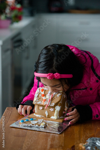 Little Girl Eating Her Gingerbread House photo