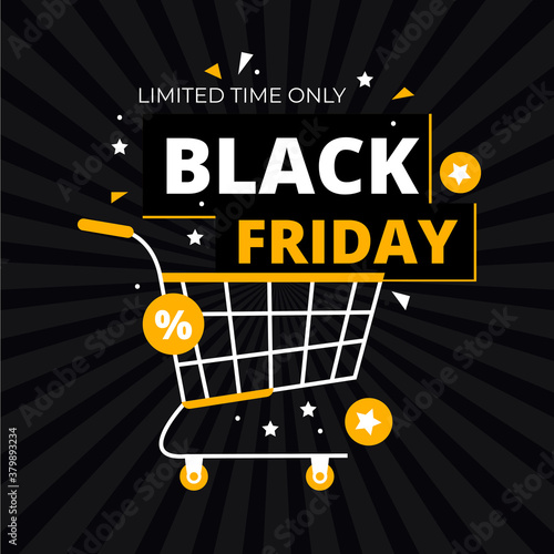 Black Friday sale square banner or poster template. Shopping concept sale in social networks, online stores on mobile phones. Discount shopping cart on a black background. Vector flat geometric style.