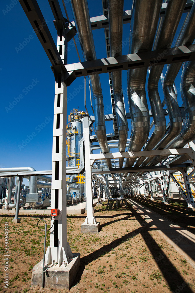 Fototapeta premium Oil refinery and gas processing plant in a desert. Pipeline and a distillation tower on blue sky background.