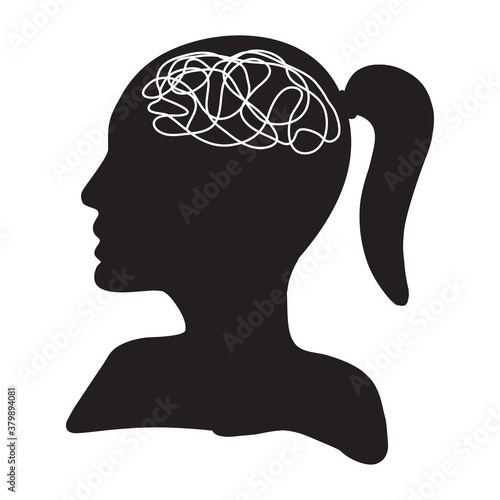 Woman head with tangled messy line inside as brain. Concept of chaotic thought process, confusion, personality disorder and depression. Flat vector illustration