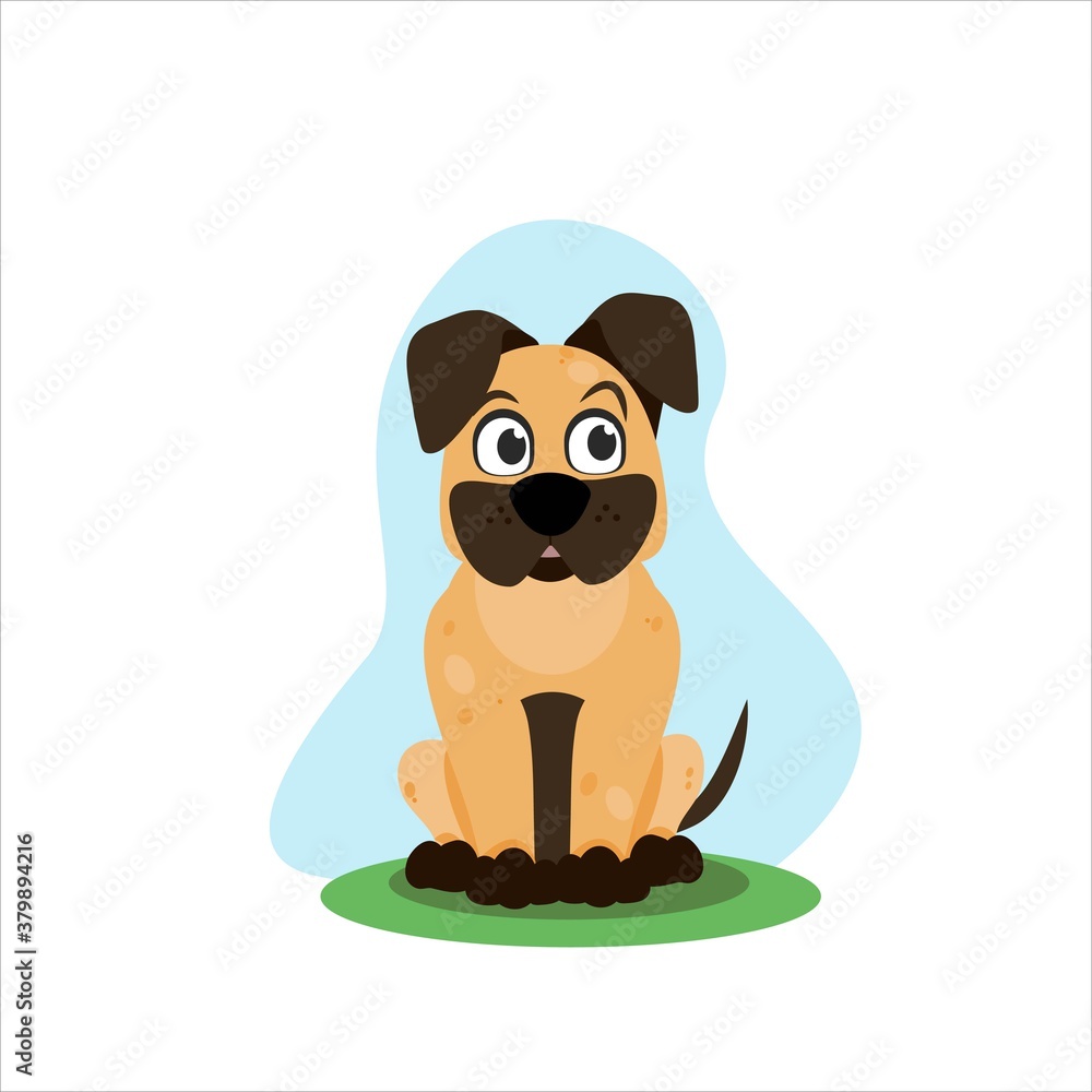 Obraz premium Dog in a sitting position, beige puppy with brown ears and paws, vector illustration in flat style, isolated object on a white background.