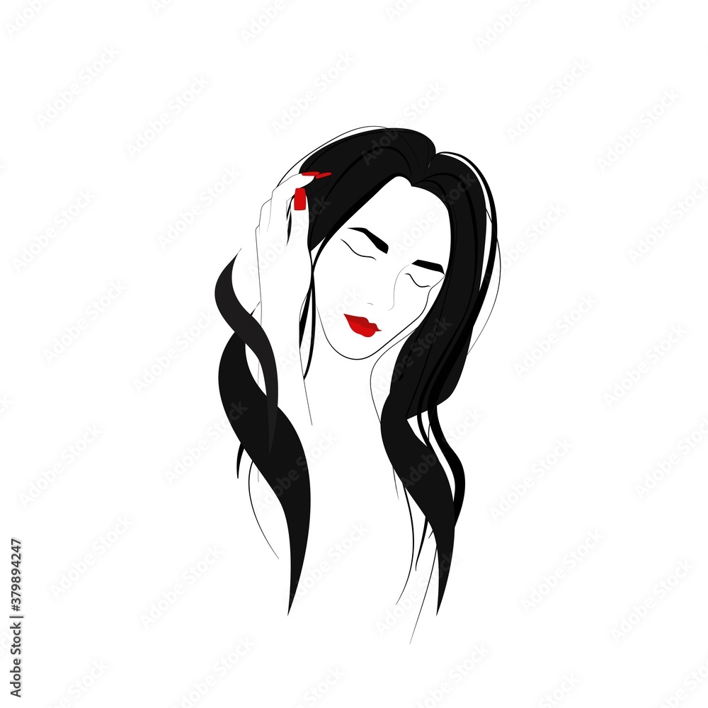 Silhouette of a girl with long hair, red nails and red lips. Logo for beauty sphere. Vector illustration in flat style. Silhouette of a girl with long hair, red nails and red lips. Logo for beauty sphere. Vector illustration in flat style.