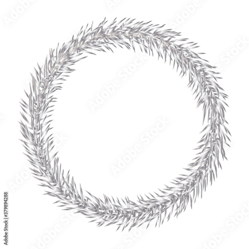 Thin silver christmas fir wreath isolated on white background.  Christmas wreath without decoration. Round frame of pine branches. Frame for flyer,presentation,banner,poster. Stock vector illustration