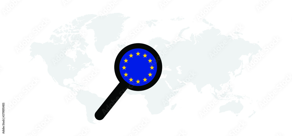 Europe EU flag in magnifying glass Folded with location. Route search tracking icons Mark maps signs Vector pin Symbol Track and trace point marker Fly travel  navigation pointer Roads navigator pins.