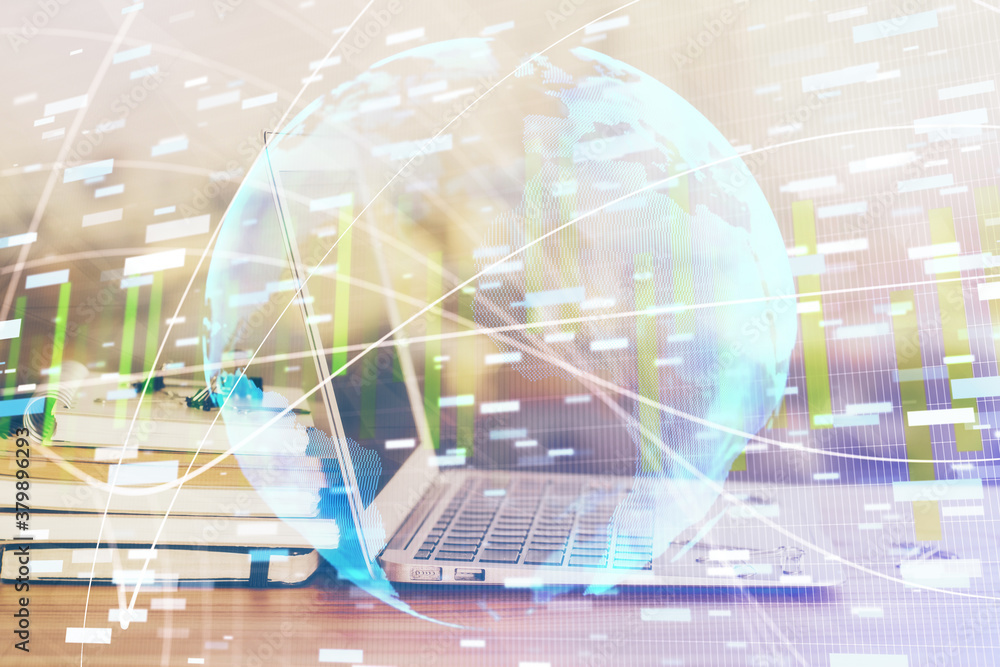 Multi exposure of business theme icons and work space with computer background. Concept of success. Multi exposure of business theme icons and work space with computer background. Concept of success.