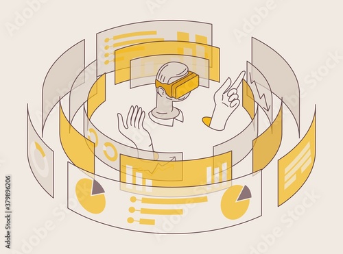 Isometric character working in vr headset with graphs and diagrams statistics. Concept 3d character illustration