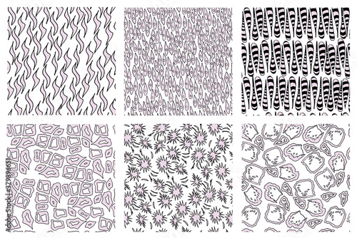 Vector illustration, set of seamless colored textures, doodling for paper design, fabric, interior