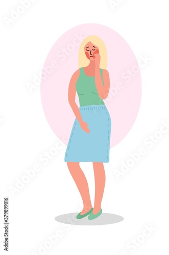 blonde caucasian woman combs her face with hand. Sad and tired expression. The girl suffers from itching and flaking of the skin. Atopic dermatitis, eczema, dry skin. Cartoon vector illustration.