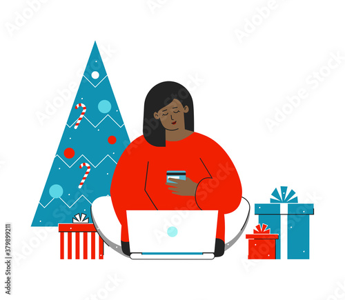 Vector isolated flat concept. Cartoon character of african american woman sits at home decorated by Christmas tree, gift boxes. Happy girl orders on Internet. Online shopping before winter holidays