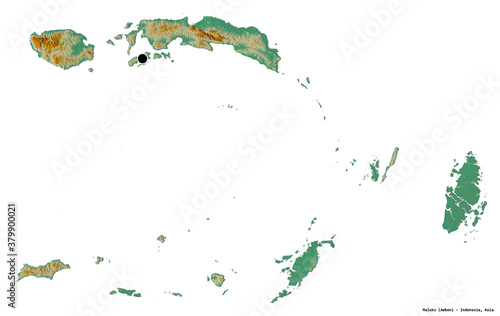 Maluku, province of Indonesia, on white. Relief photo