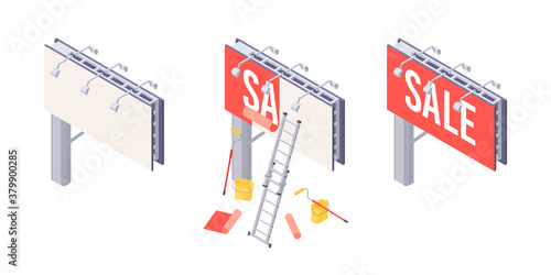 Billboard installation isometric vector with various stages of sticking advertising on big city ooh banner.