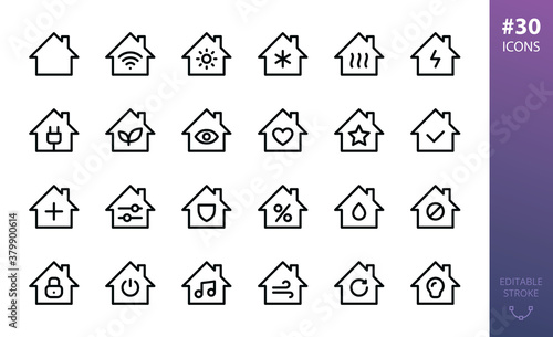 Smart home systems icon set. Set of passive house, eco home, ventilation, electricity, lighting, surveillance system isolated vector icons