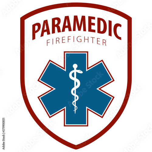 Paramedic Firefighter text and Star of Life symbol in shield shape emblem icon isolated on white background