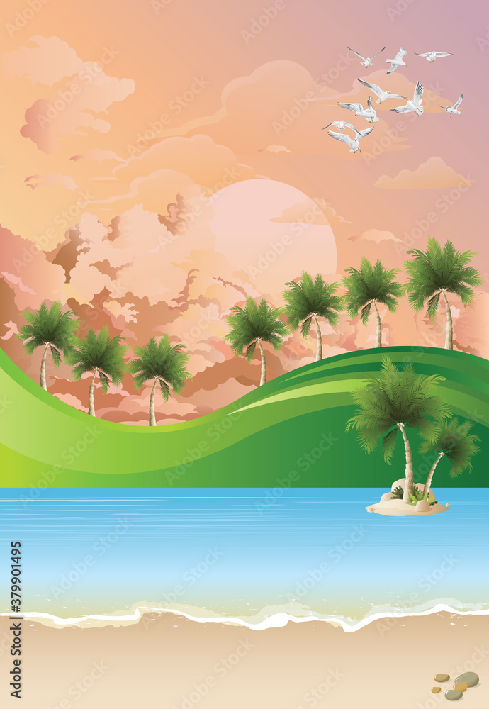 Picturesque tropical paradise landscape with ocean and grass hills set against a dawn or dusk pink sky
