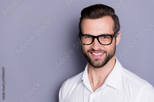 Fototapeta Naklejka Na Ścianę i Meble -  Close-up portrait of his he nice attractive content glad cheerful cheery brunet guy geek it expert administrator wearing specs isolated over gray purple violet pastel color background