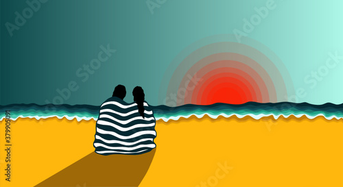 a couple wrapped in a striped towel sees off the sunset on a sandy beach by the sea