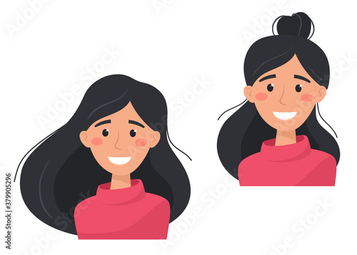 Happy and contented women with different hairstyles. Vector illustration in flat style.
