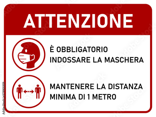 Horizontal Instruction Signboard with Basic Set of Measures against Coronavirus in Italian, including Attention Face Masks Required and Stay at least 1 Meter Apart. Vector Image.