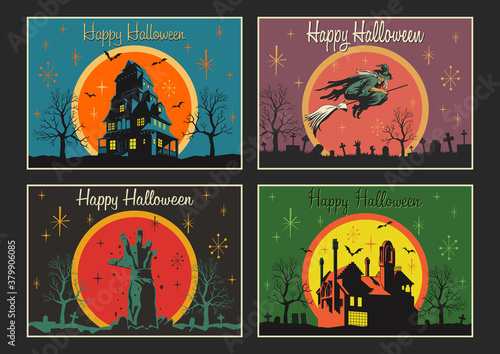 Happy Halloween Cards, Illustrations, Posters, Vintage Greeting Cards Stylization, Haunted Mansions, Flying Witch, Zombie's Hand, Cemetery Backgrounds