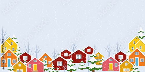 Winter town village countryside landscape. Snowing from the sky, colorful buildings, Christmas fir trees covered in snow.