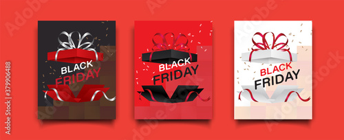 Set of Black friday super sale background, giftboxs exploed with ribbon. Design for poster banner card, 3d realistic vector illustration.