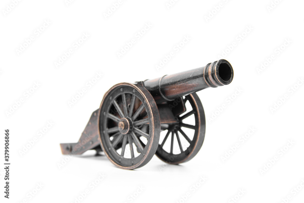 Ancient cannon on wheels isolated on white background.