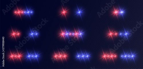 Police lights set, blue-red emergency headlights with flares. Vector flasher siren effect for patrol vehicle isolated on a transparent background.