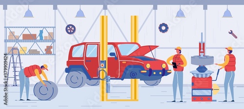 Cartoon Technician in Uniform Change Car Wheel