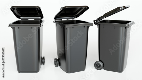 black garbage cans on white background - 3D Rendering