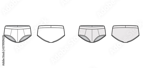 Trunk briefs underwear technical fashion illustration with elastic waistband, Athletic-style skin-tight. Flat Underpants lingerie template front, back, white, grey color. Women men swimsuit CAD mockup