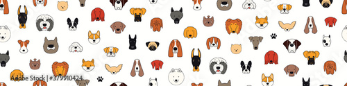 Cute dog faces doodles seamless pattern, different breeds, colorful on white background. Hand drawn vector illustration. Line art. Design concept for trendy fashion print, wallpaper, wrapping paper.