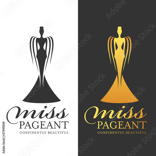 miss pageant logo sign - black and gold woman queen with wigs vector design