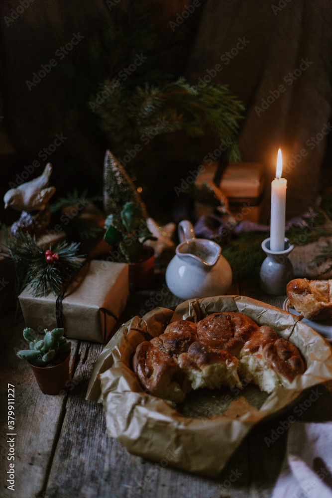 Cinnamon rolls with festive decoration Cinnamon rolls with festive decoration