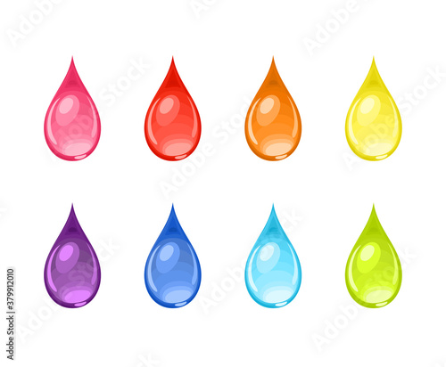 Set of drops of different colors isolated on white background. Vector illustration in cartoon flat style.
