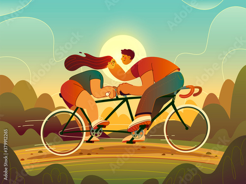 A guy and a girl ride a tandem bike.
