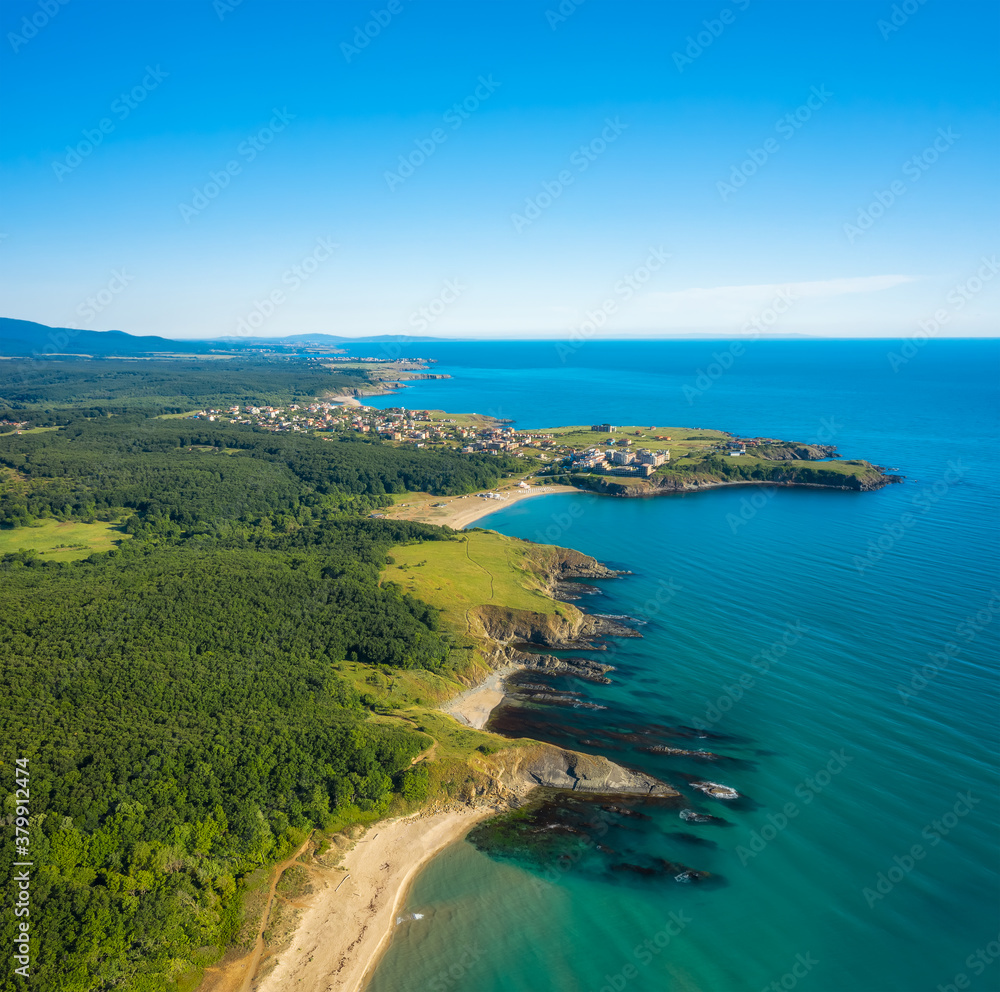 Aerial panoramic view of the picturesque southern Black Sea coast and the resort village of Sinemorets, Bulgaria Aerial panoramic view of the picturesque southern Black Sea coast and the resort village of Sinemorets, Bulgaria