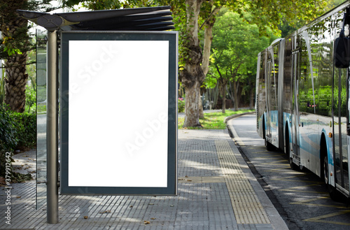 Blank advertising billboard mockup and template or light billboards with copy space for text or message and media content, Blank shadow billboards with display on city wall background with bus