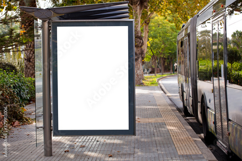 Blank advertising billboard mockup and template or light billboards with copy space for text or message and media content, Blank shadow billboards with display on city wall background with bus